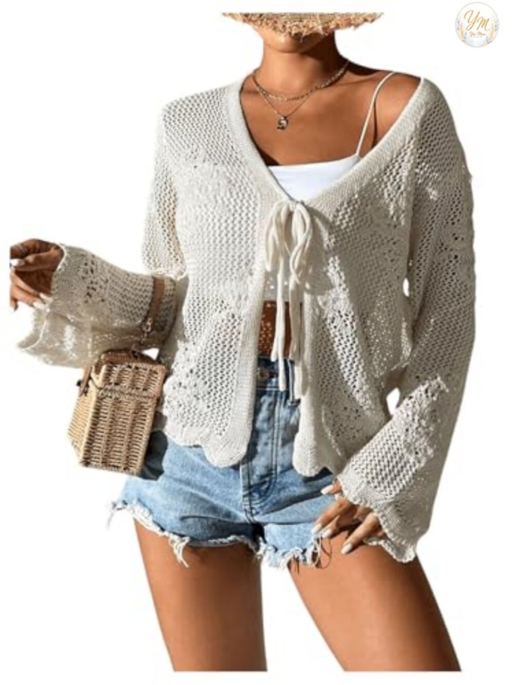 Crochet Tie Front Cardigan Lightweight Long Sleeve Hollow Out Cover Up